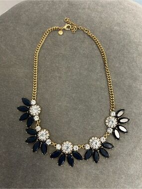 J. Crew Gold Chain Navy and Clear Crystal Floral Statement Necklace